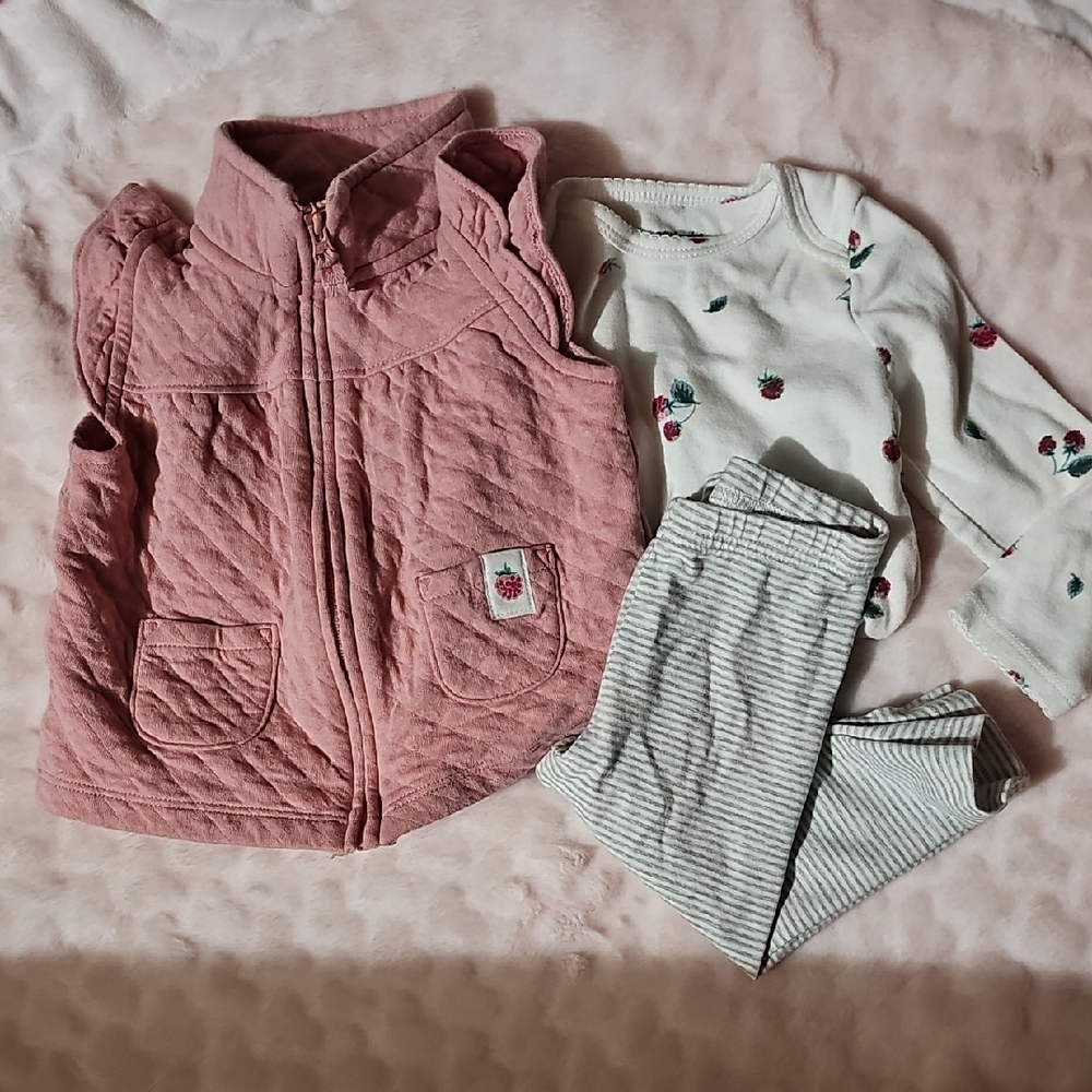 Pink Quilted Vest with Floral Onesie and Striped Pants Set